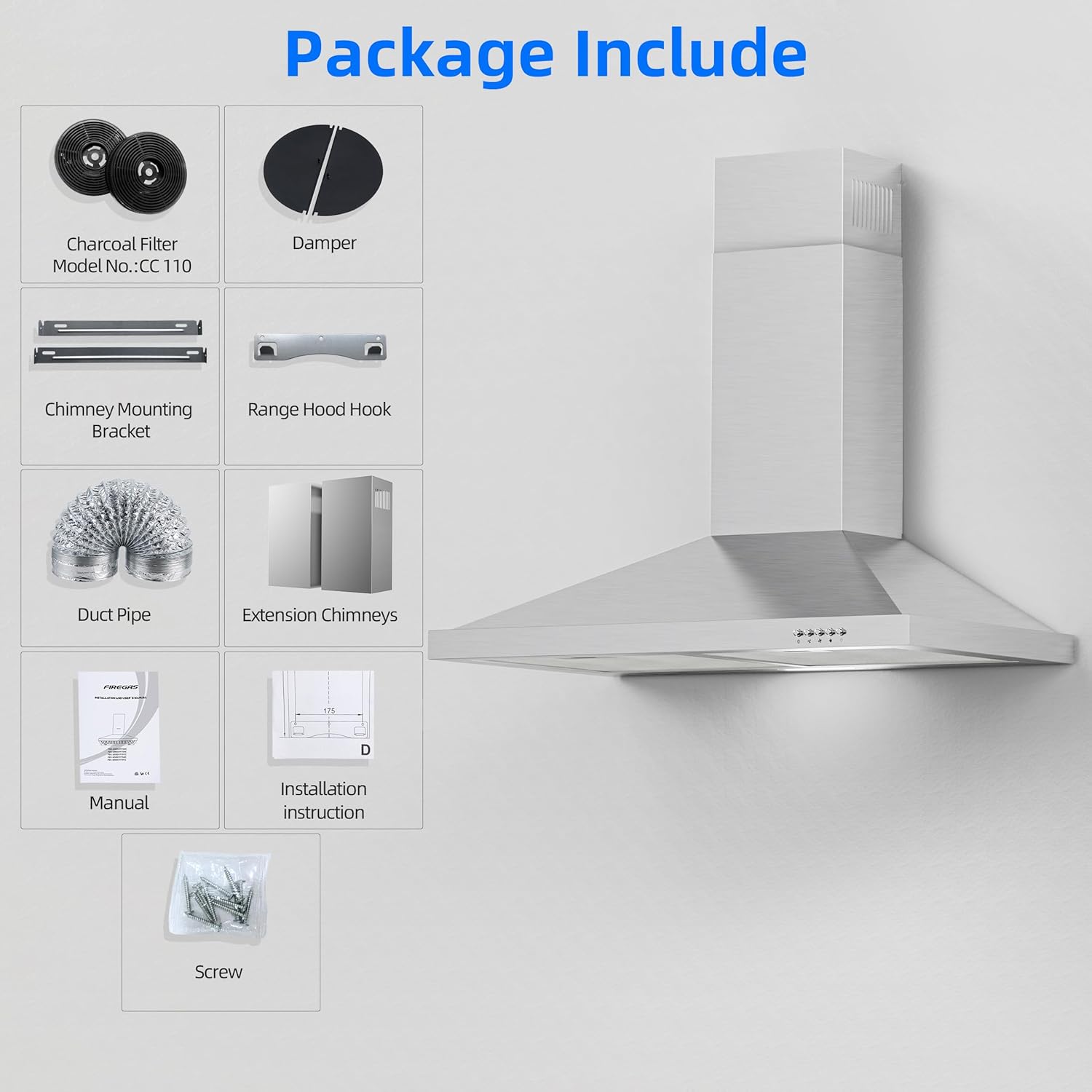 FIREGAS Range Hood 30 inch Wall Mount Type with Ducted/Ductless Convertible, 450 CFM Stainless Steel Chimney-Style Kitchen Hood, Over Stove Vent Hood with 3 Speed Fan, LED Light, Charcoal Filters